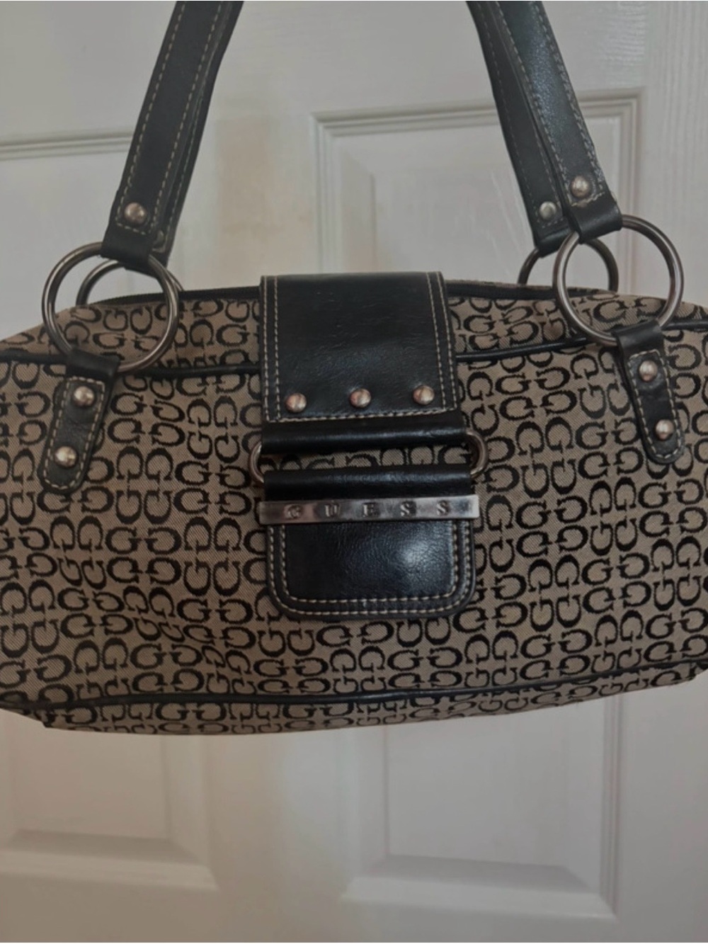 Vintage Guess Beige Logo Canvas Bag with Black Trim